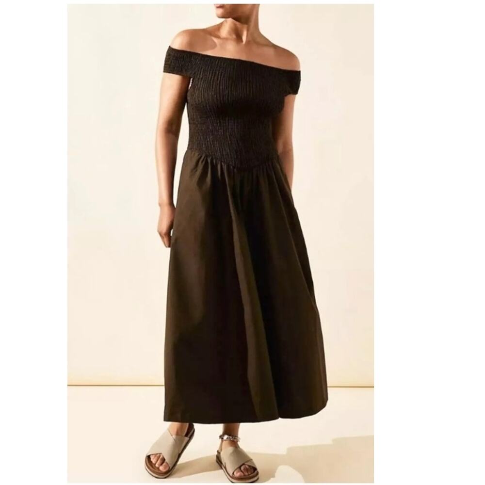 New Free People Ceci Smocked OTS Midi Dress Free-est  $98 SMALL Deep Brown